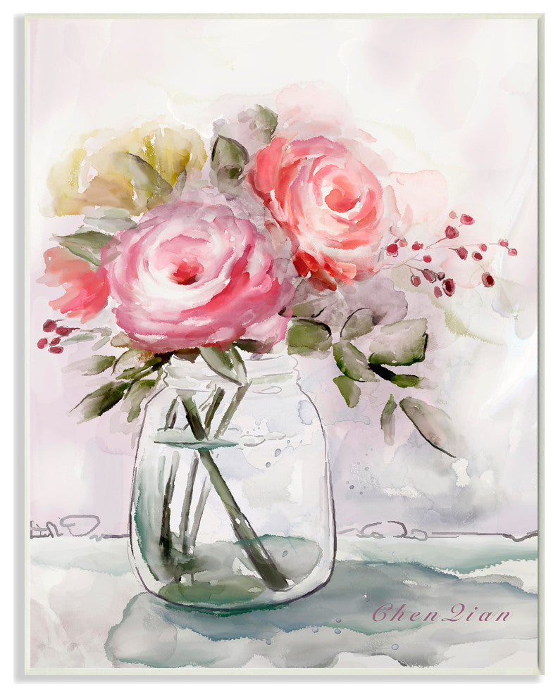 Flower Jar Pink Green Watercolor Painting, 10"x15", Wood Art