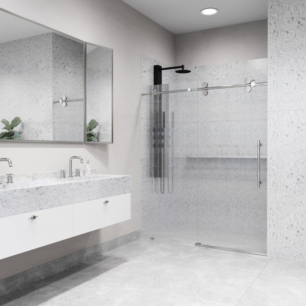 VIGO Elan 56" to 60" W x 74" H Frameless Sliding Shower Door, Chrome, Right, Fluted Glass