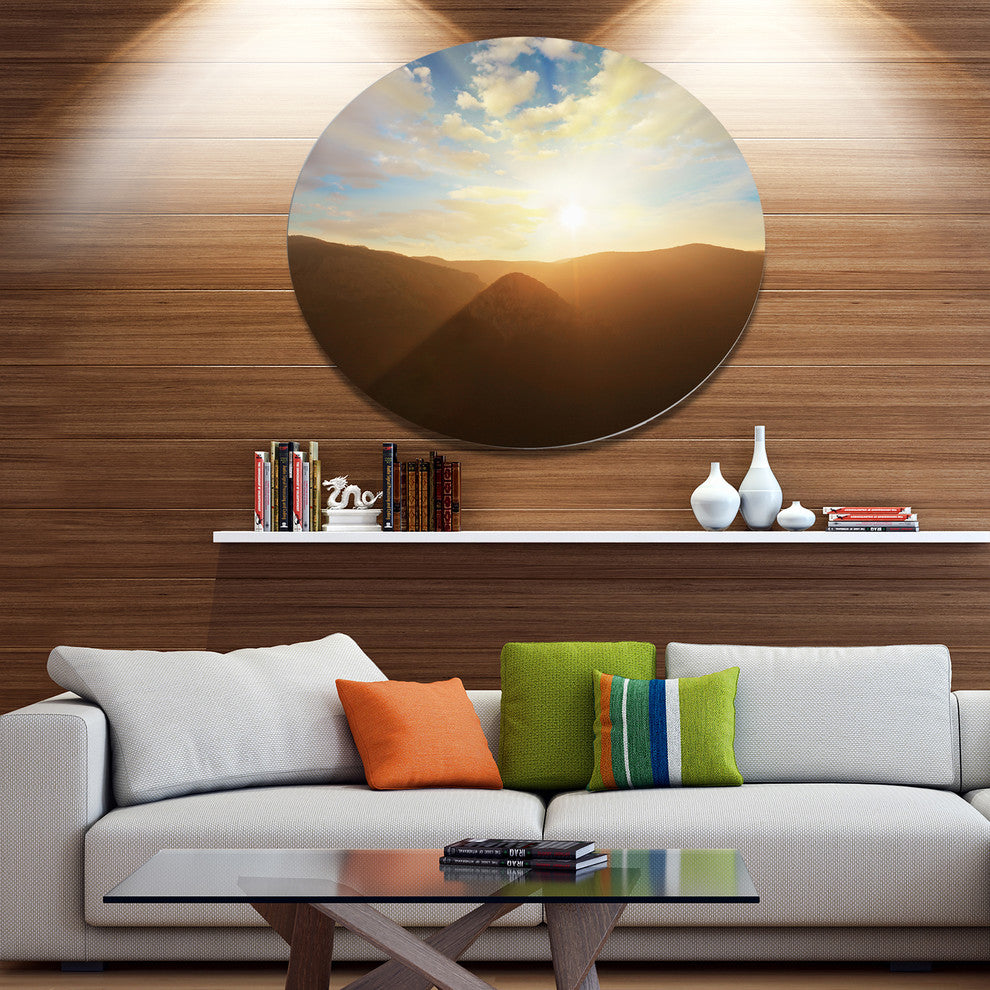 Sunset Over Gloomy Mountains, African Landscape Disc Metal Artwork, 11"
