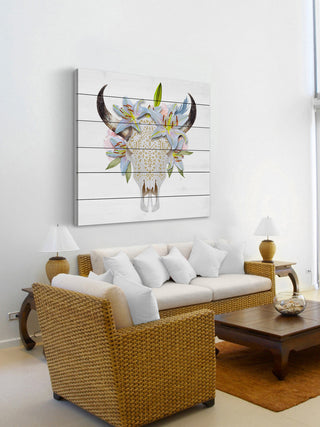 "Floral Crown Skull" Painting Print on White Wood, 18"x18"