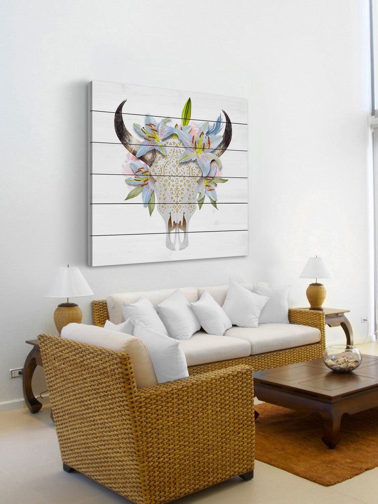 "Floral Crown Skull" Painting Print on White Wood, 18"x18"
