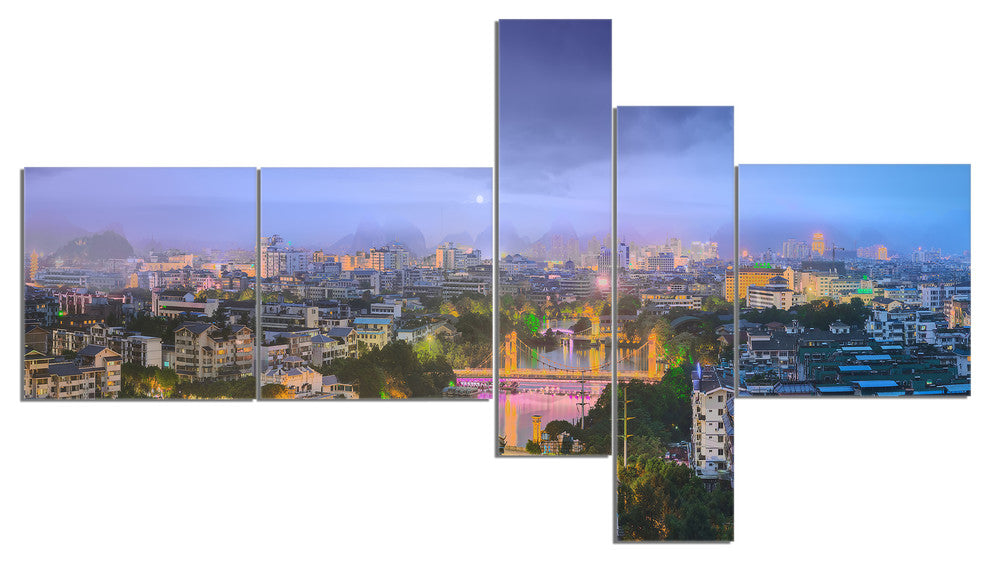 Li River and Karst Hills Panorama, Cityscape Canvas Art Print, 60"x32", 5 panels