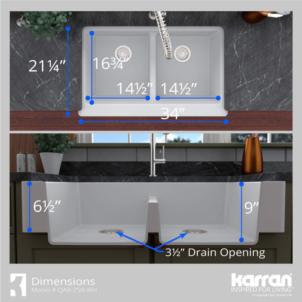 Karran Retrofit Farmhouse Quartz 34" Double Bowl Sink, White