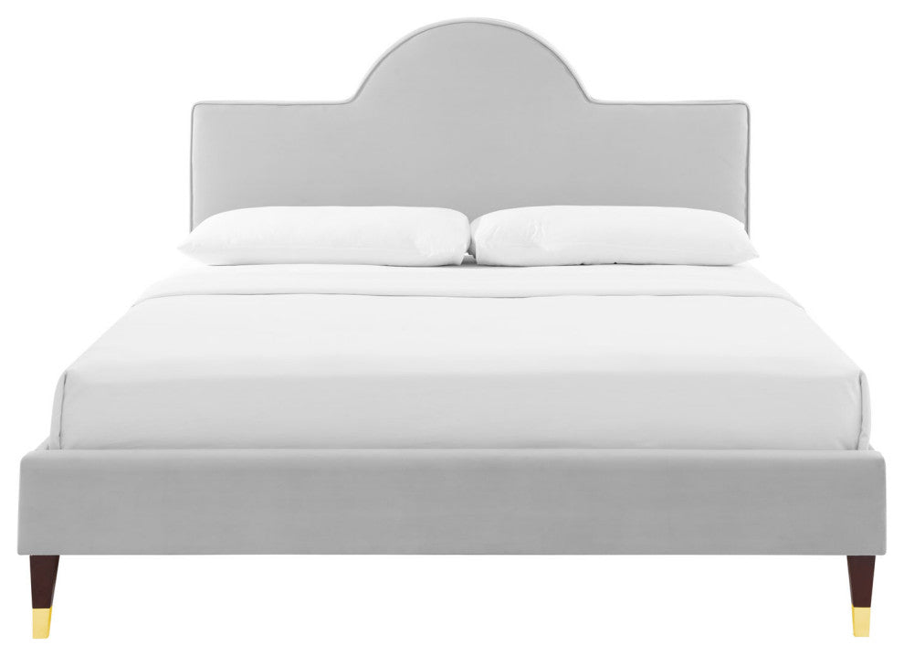Platform Bed Frame, King Size, Gray, Velvet, Modern, Bedroom Guest Suite