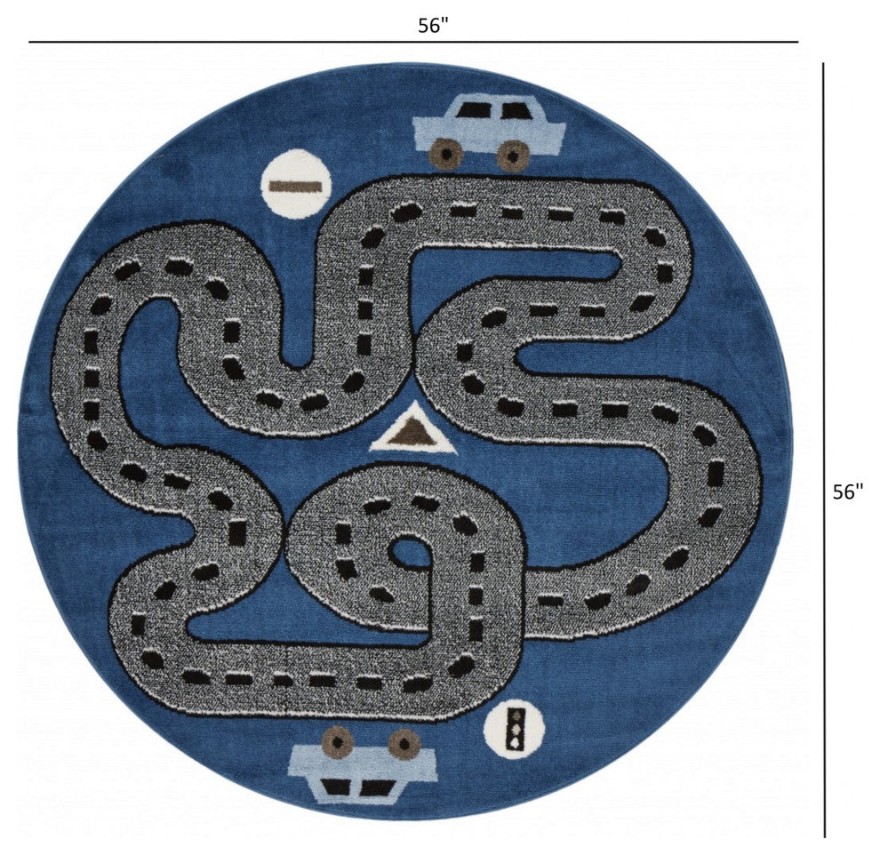 5' Round Navy Imaginative Racetrack Area Rug
