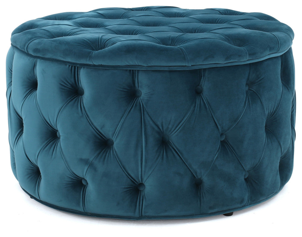 GDF Studio Maelyn Modern Glam Tufted Velvet Round Ottoman, Teal