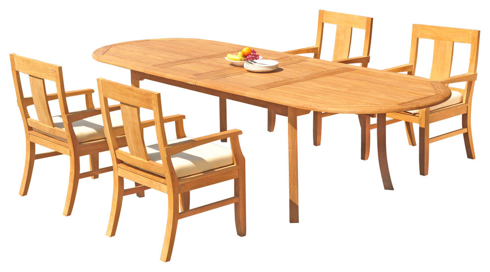 5-Piece Outdoor Teak Dining Set, 117" Extension Oval Table, 4 Osbo Arm Chairs