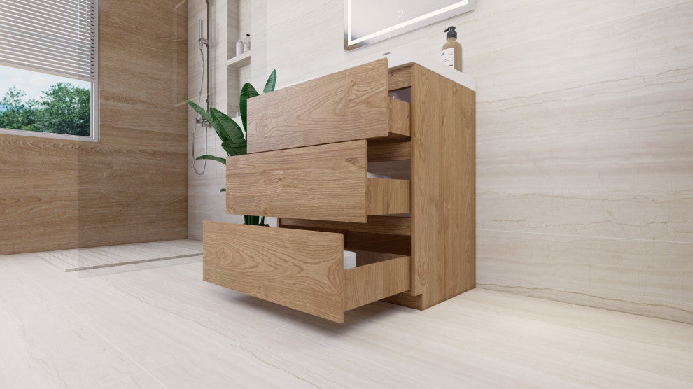 Moa Bathroom Vanity With 3 Drawers and Acrylic Sink, New England Oak, 30"
