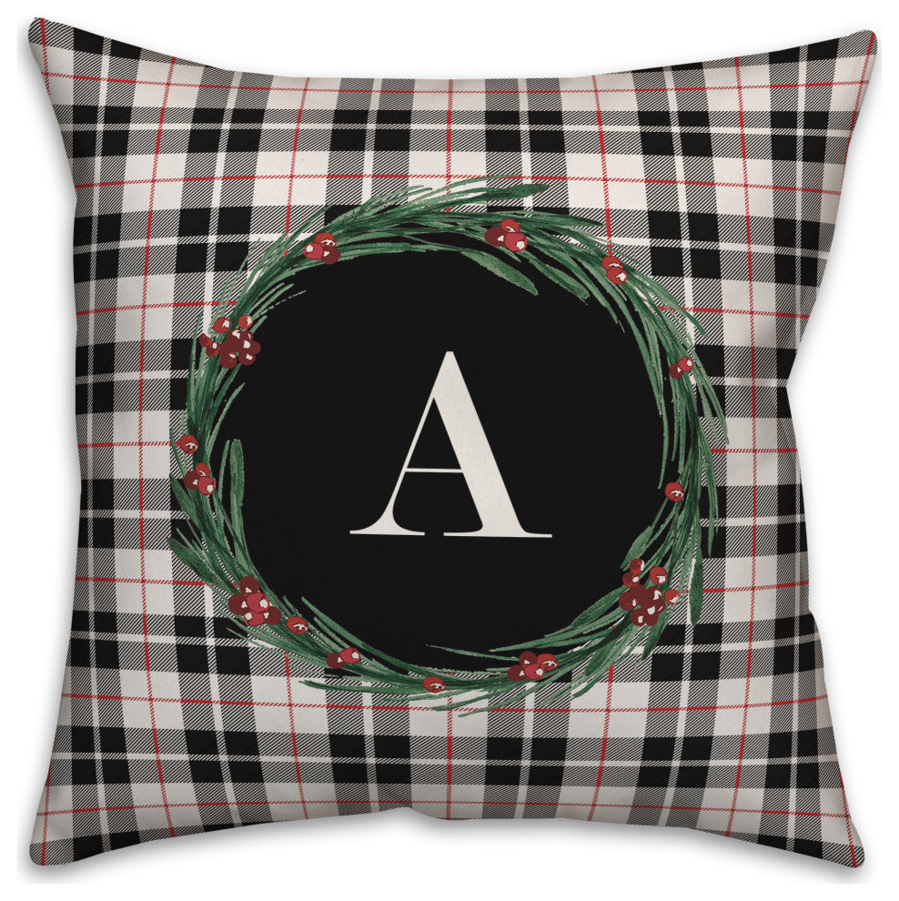 Black Plaid Monogram Wreath A 18x18 Spun Poly Pillow