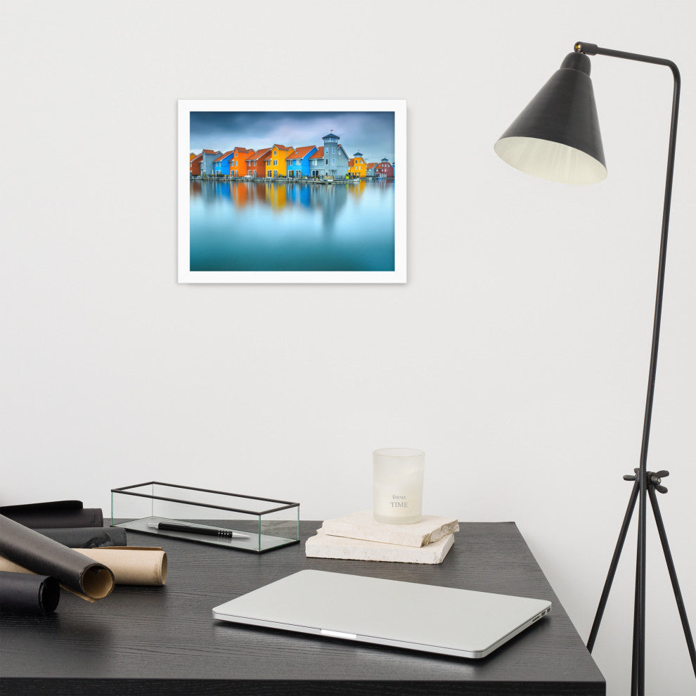 Blue Morning at Waters Edge Landscape Framed Photo Paper Wall Art Prints, White, 11" X 14"