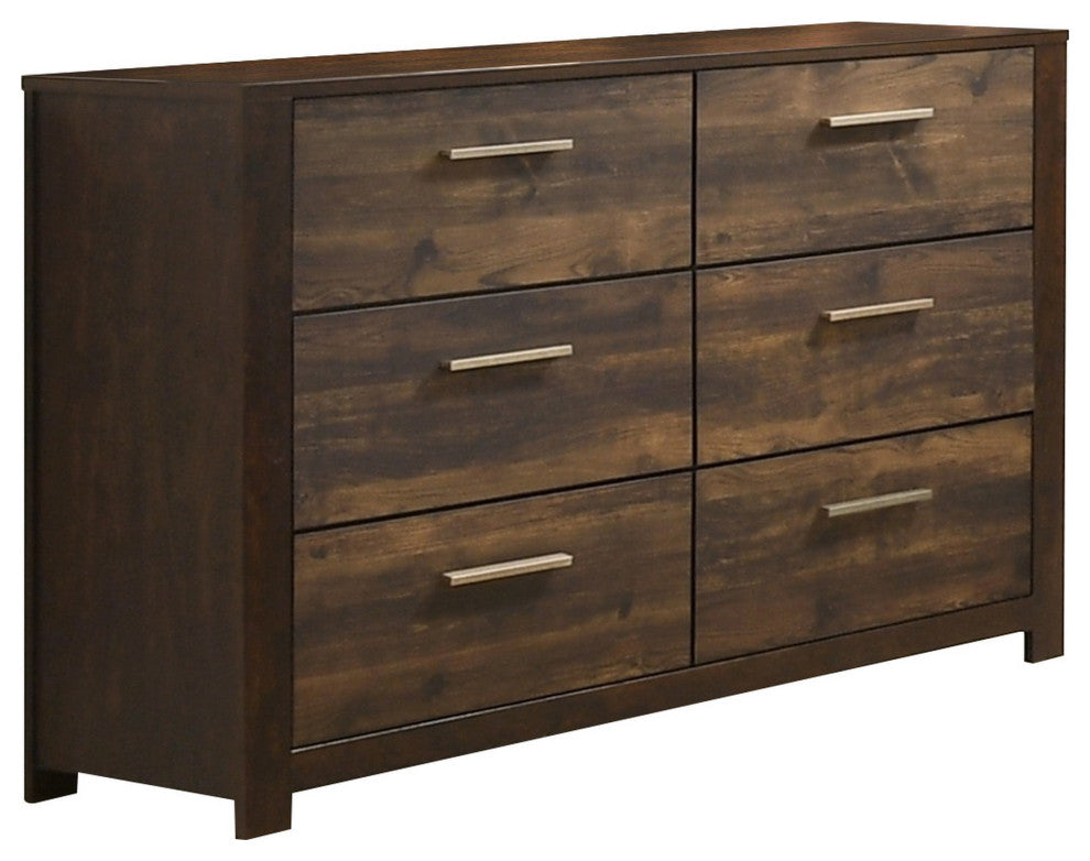 Benzara BM232620 58" 6 Drawer Wooden Dresser With Grains, Rustic Brown