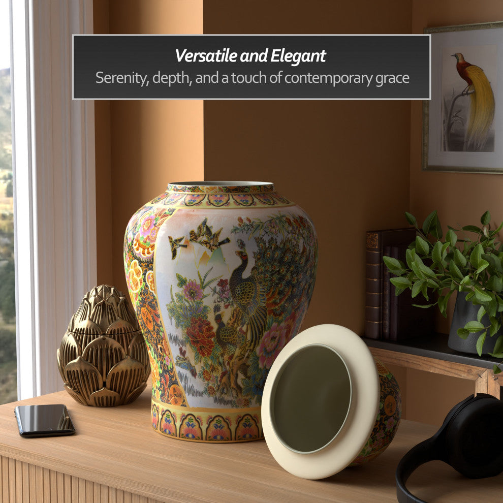 18" Satsuma Peacock Porcelain Temple Jar