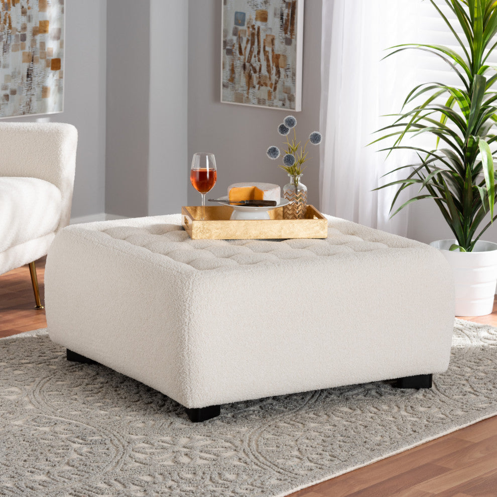 Demeter Ivory Boucle Ottoman, Square