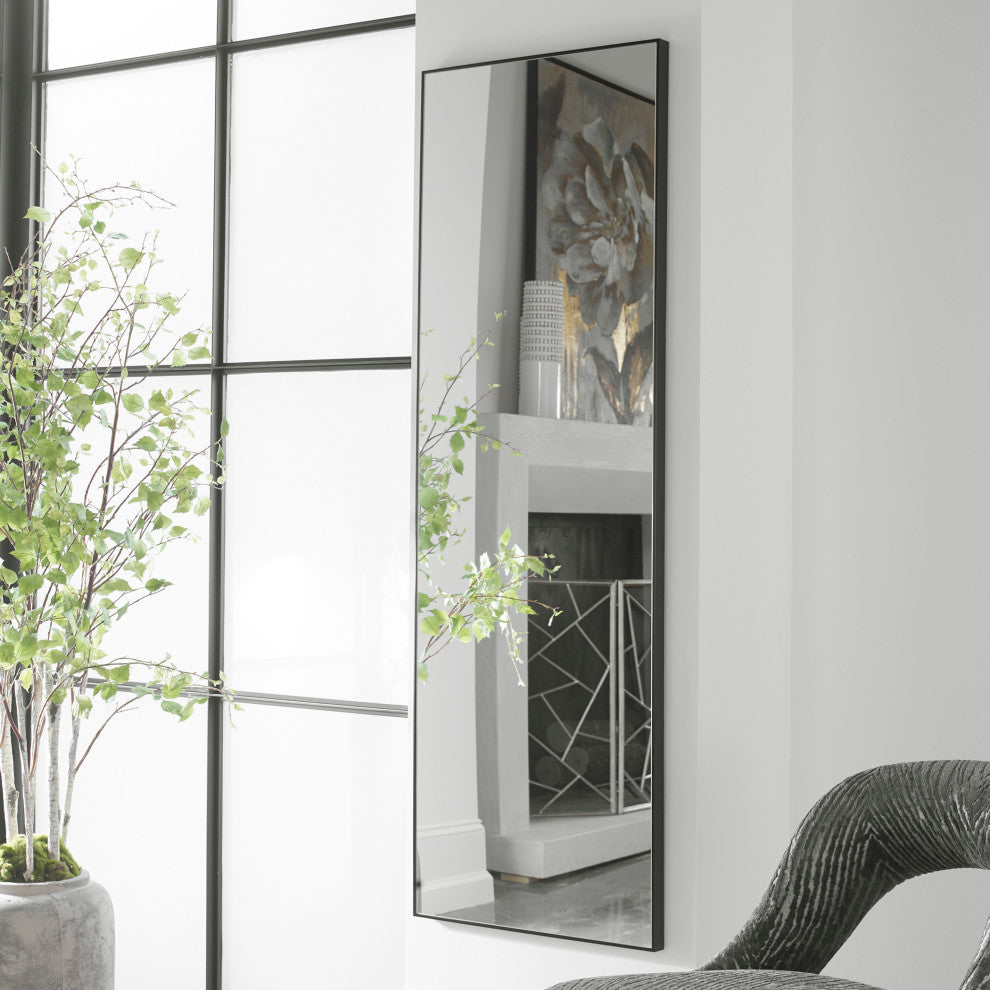 Sleek Contemporary 60" x 20" Rectangular Wall Mirror, Black Finish