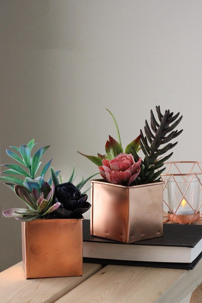 7" Artificial Mixed Succulent Arrangement in Decorative Copper Square Tin Pot