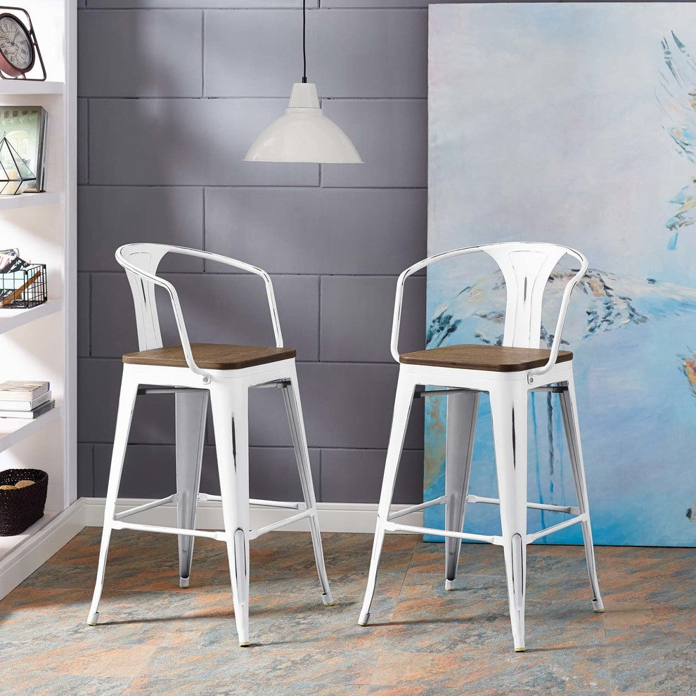 Country Farm Bar Dining Bar Stool, Metal Steel Wood, White