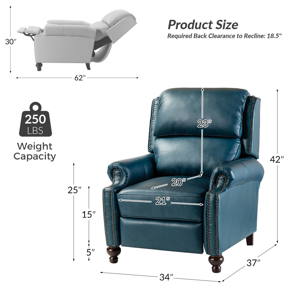 Genuine Leather Cigar Recliner With Nail Head Trim, Turquoise