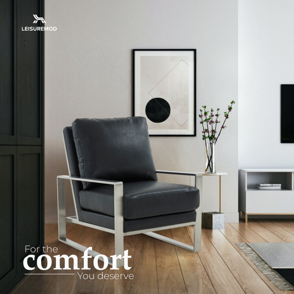 LeisureMod Jefferson Faux Leather Accent Armchair With Silver Frame, Black