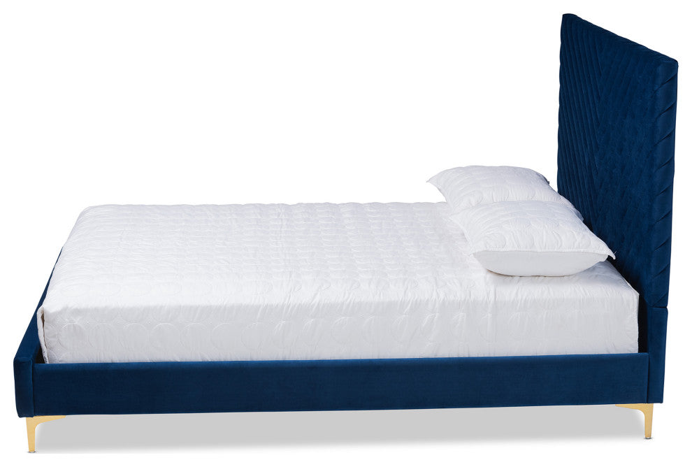 Sofi Glam and Luxe Velvet Upholstered Platform Bed, Navy Blue/Gold, King