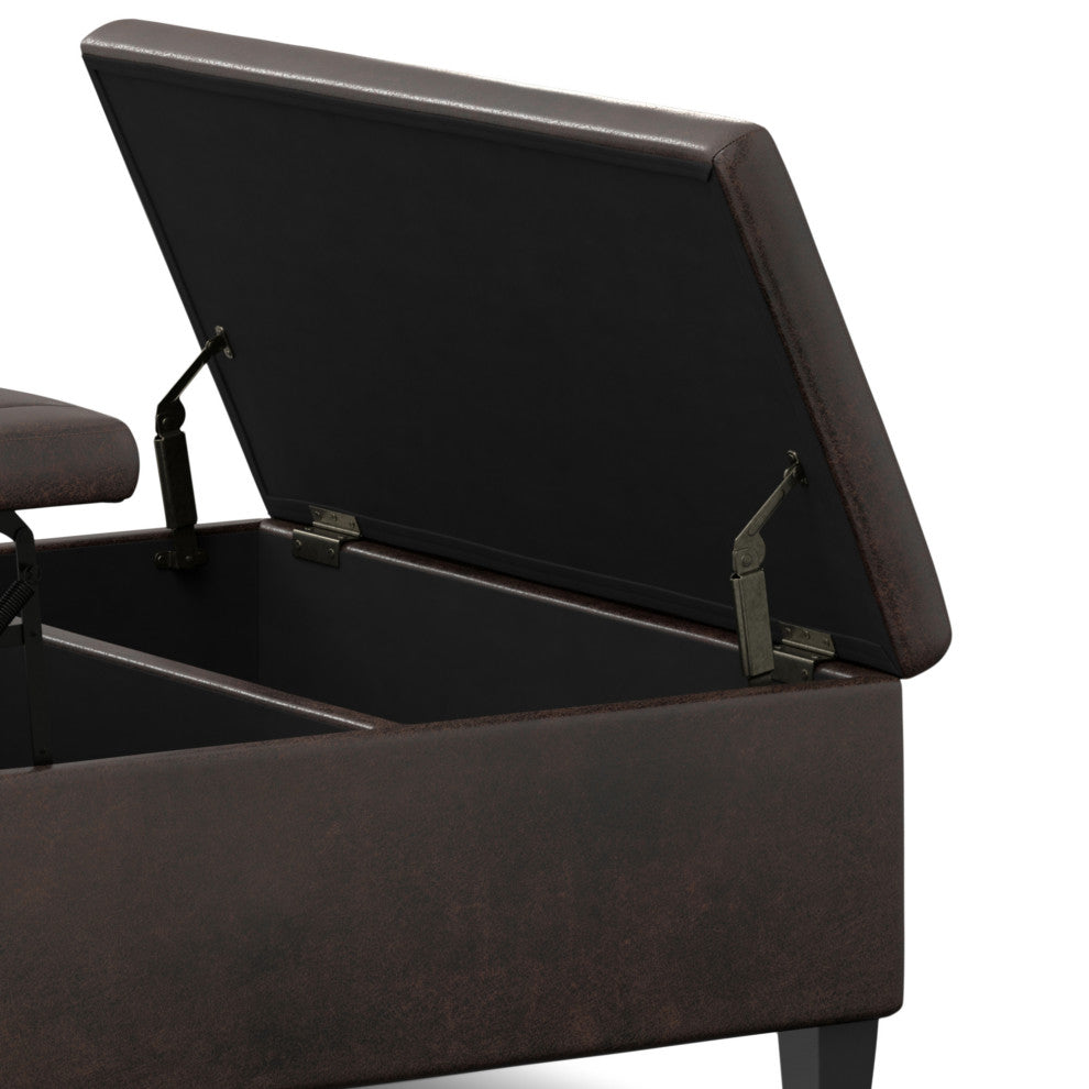 Ellis Coffee Table Storage Ottoman, Distressed Brown Vegan Faux Leather