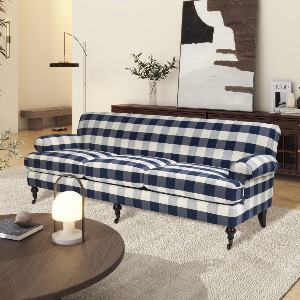 Alana Lawson 88" 3-Cushion Tight Back Sofa, Blue Lattice Woven