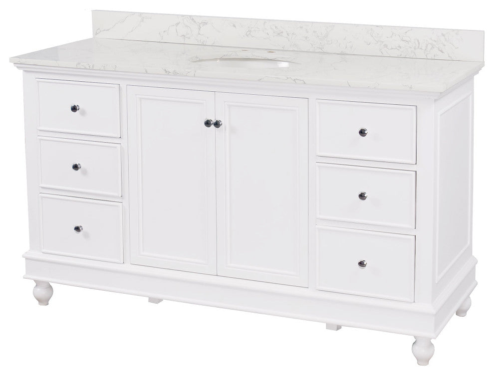 Bella 60" Single Bathroom Vanity, White, Engineered Marble