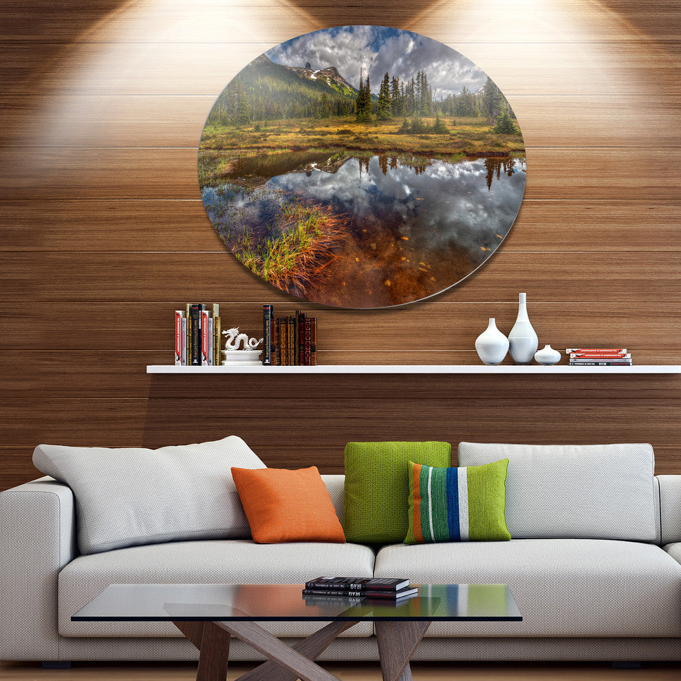 Clear Lake Mirroring Cloudy Skies, Landscape Disc Metal Wall Art, 11"