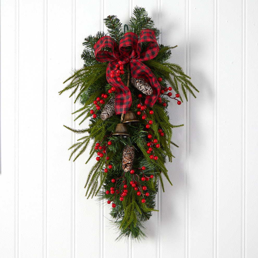 Nearly Natural W1279 24 Holiday Christmas Pine Cones, Berry and Bells Wreath