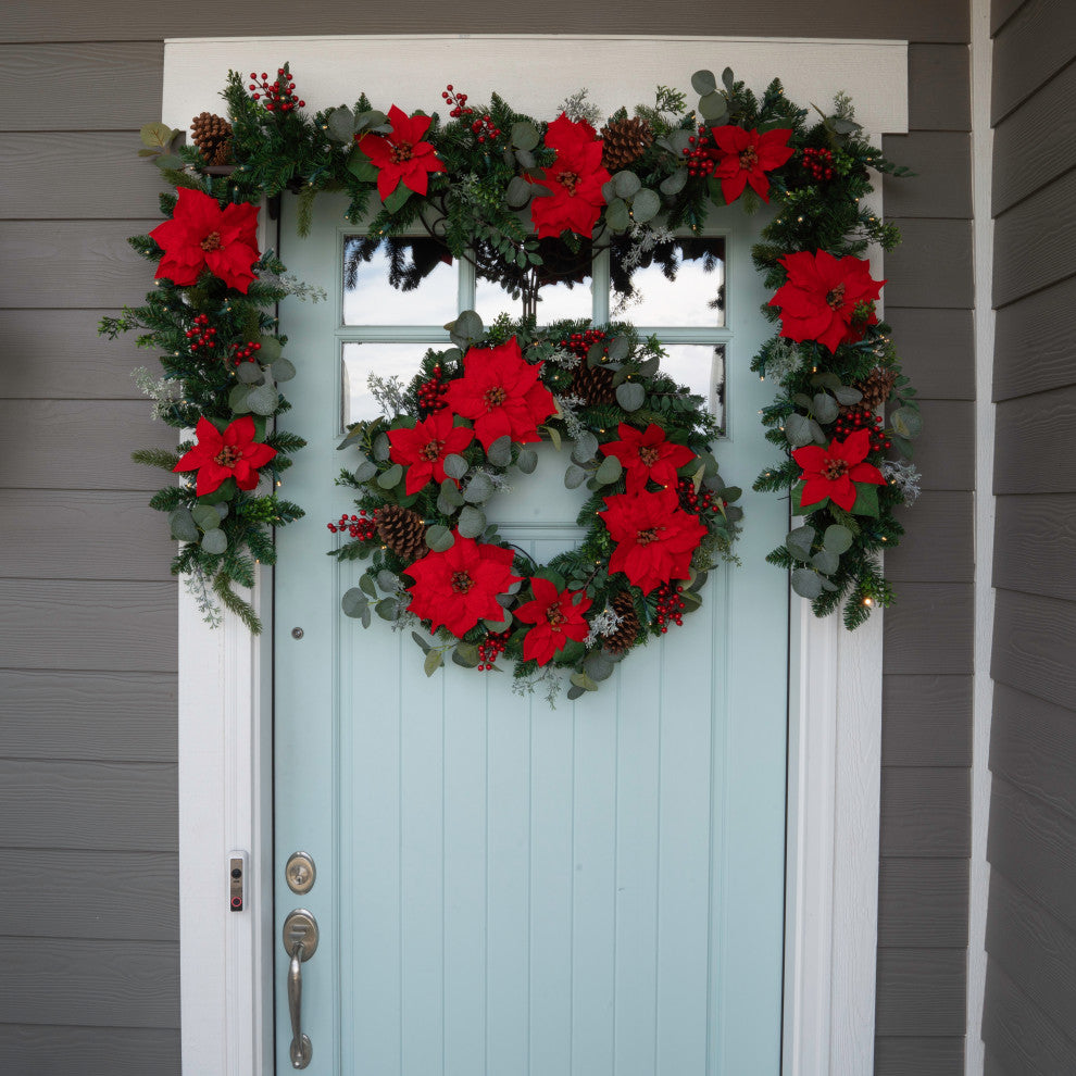 9' Artificial Christmas Garland with Lights, Christmas Poinsettia