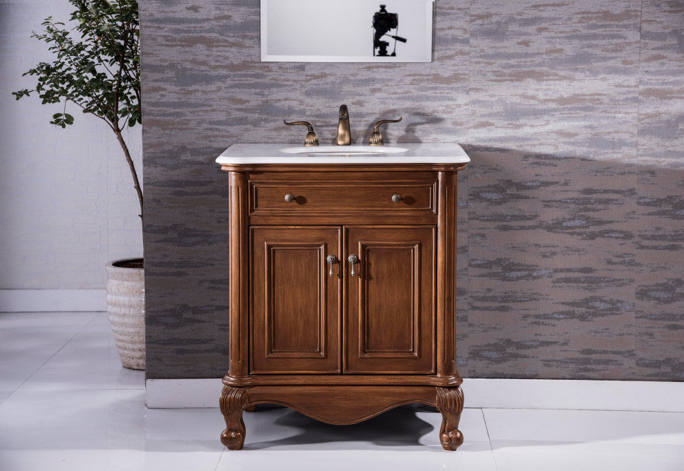 30" Single Bathroom Vanity, Teak Color With Ivory White Quartz
