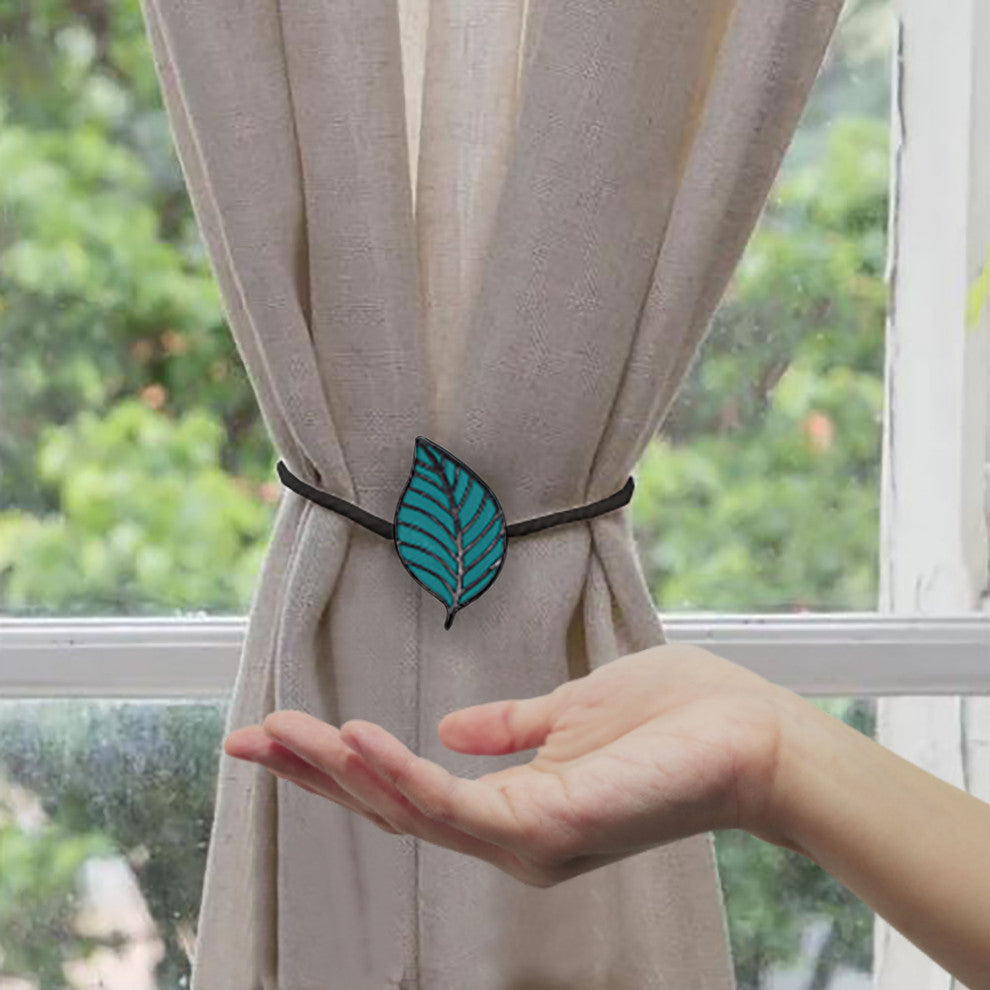 Magnetic Curtain Tiebacks "“ Leaf Design in Resin, Teal, Pack of 2