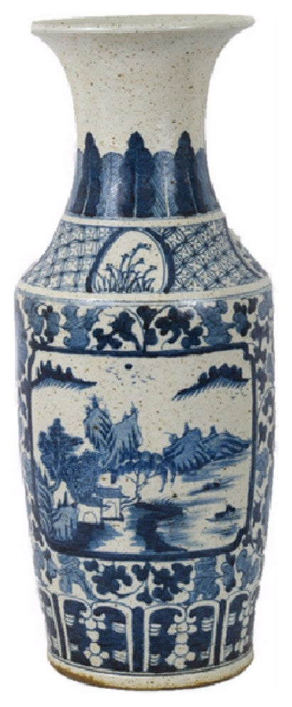 Vintage Style Blue and White Landscape Motif Porcelain Vase 26"