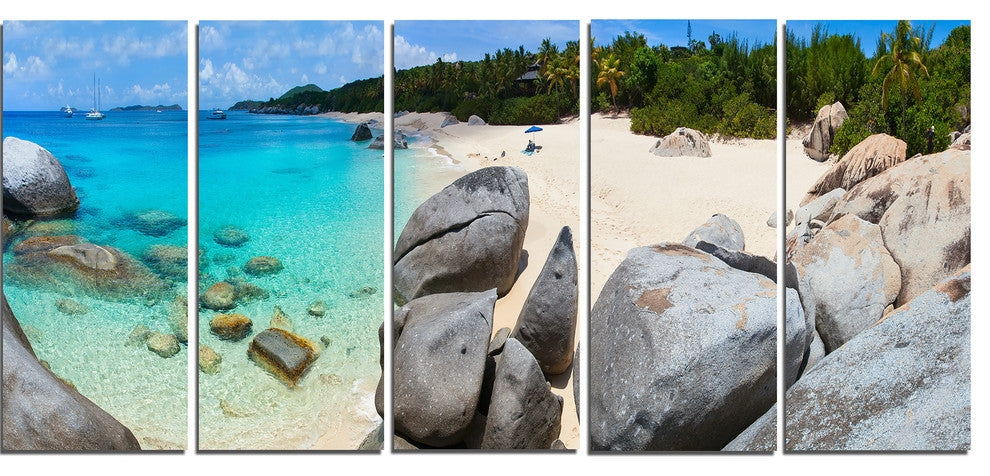 "Turquoise Ocean Water With Rocks" Modern Seascape Wall Art, 5 Panels, 60"x28"