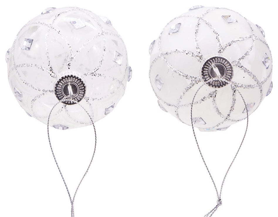 Kurt Adler 80MM Jeweled Clear Feather White Ball Ornaments, 6 Piece Set