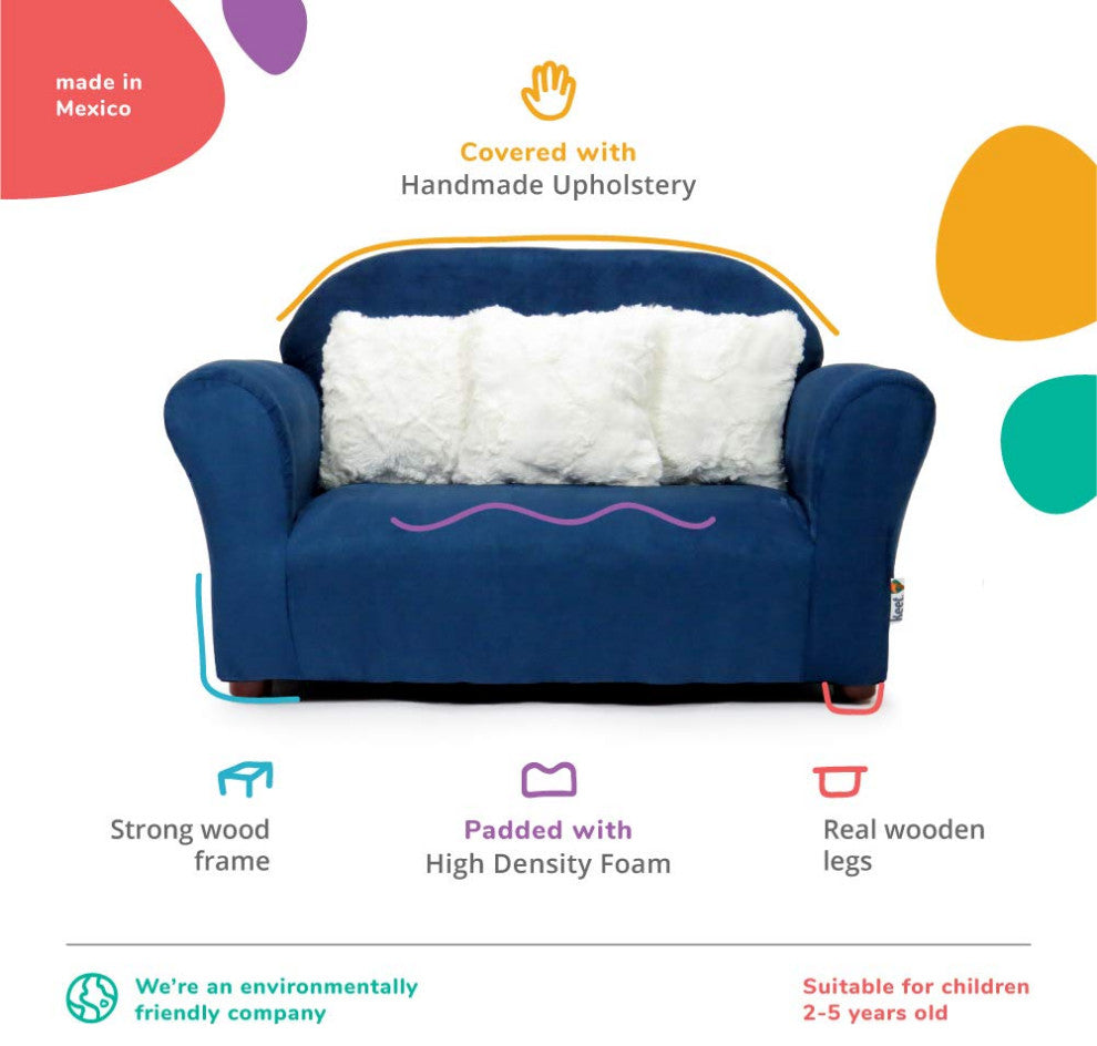 Modern Plush Childrens Sofa with Accent Pillows, Navy