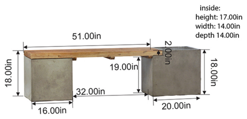 Outdoor Concrete and Teak Planter Bench