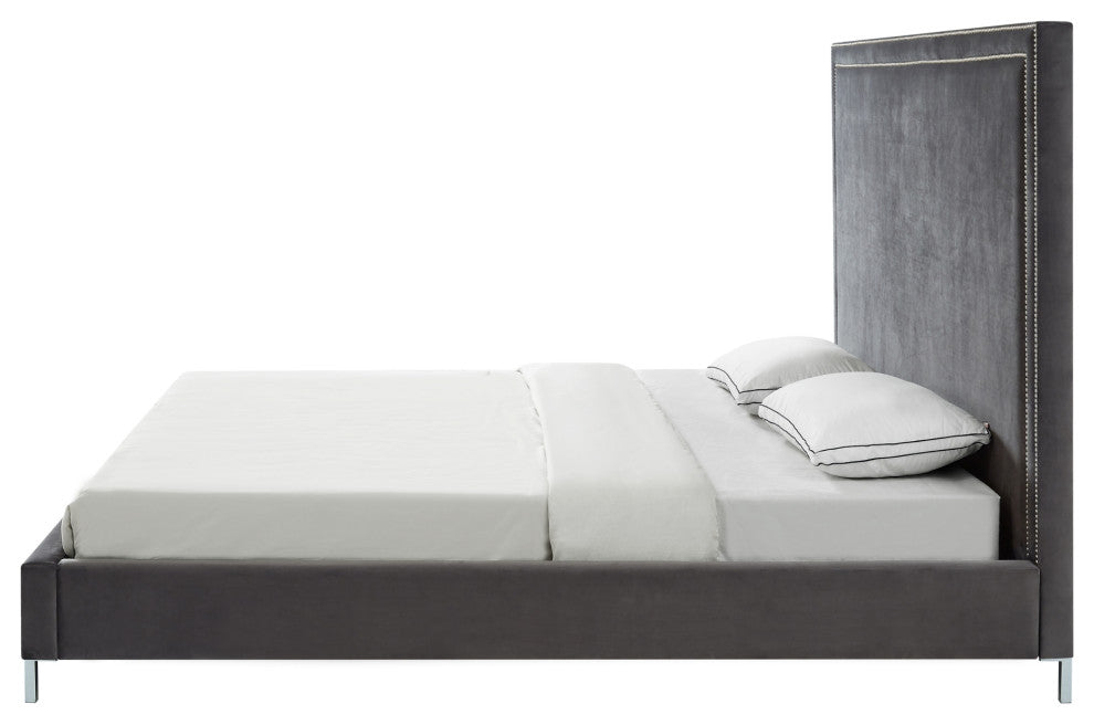 Giovanna Nailhead Trim Platform Bed, Gray Velvet, Queen