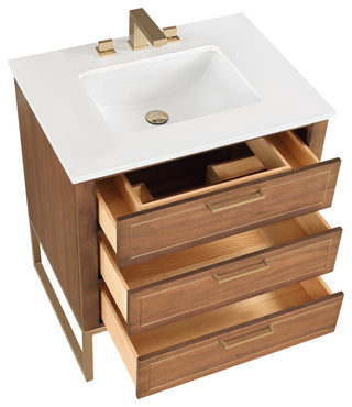 Markham 30" Single Bathroom Vanity Set, Walnut/Satin Brass, Quartz Countertop