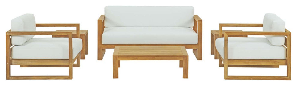 Sectional Sofa Chair Table Set, White Natural, Teak Wood, Modern, Outdoor Patio
