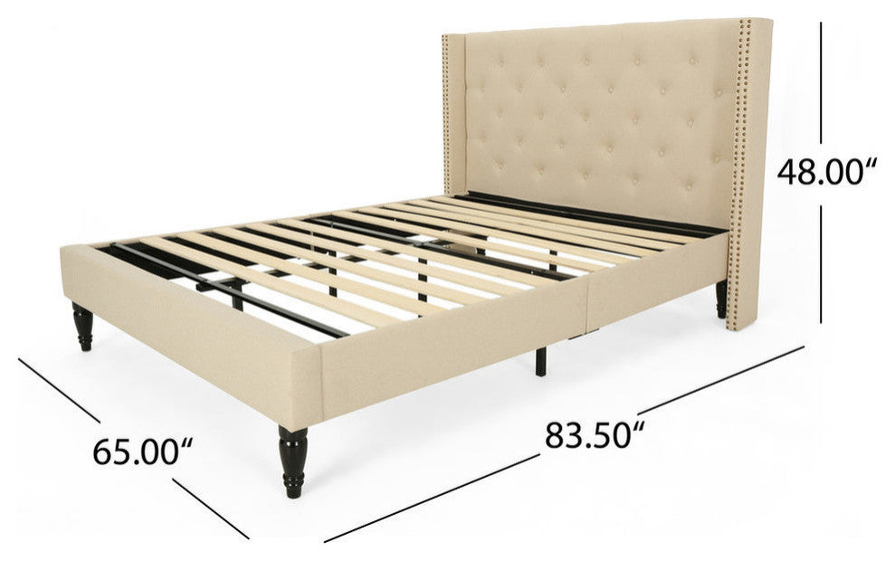GDF Studio Ray Traditional Fully-Upholstered Queen-Size Bed Frame, Beige