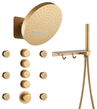 12inch Adjustable Shower Head With Shelf and Spray Gun Function, Brushed Gold