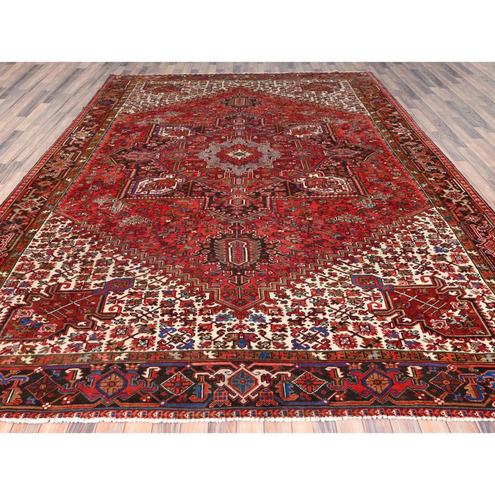 Imperial Red Pure Wool Hand Knotted Semi Antique Persian Heriz Rug 9'8"x12'9"