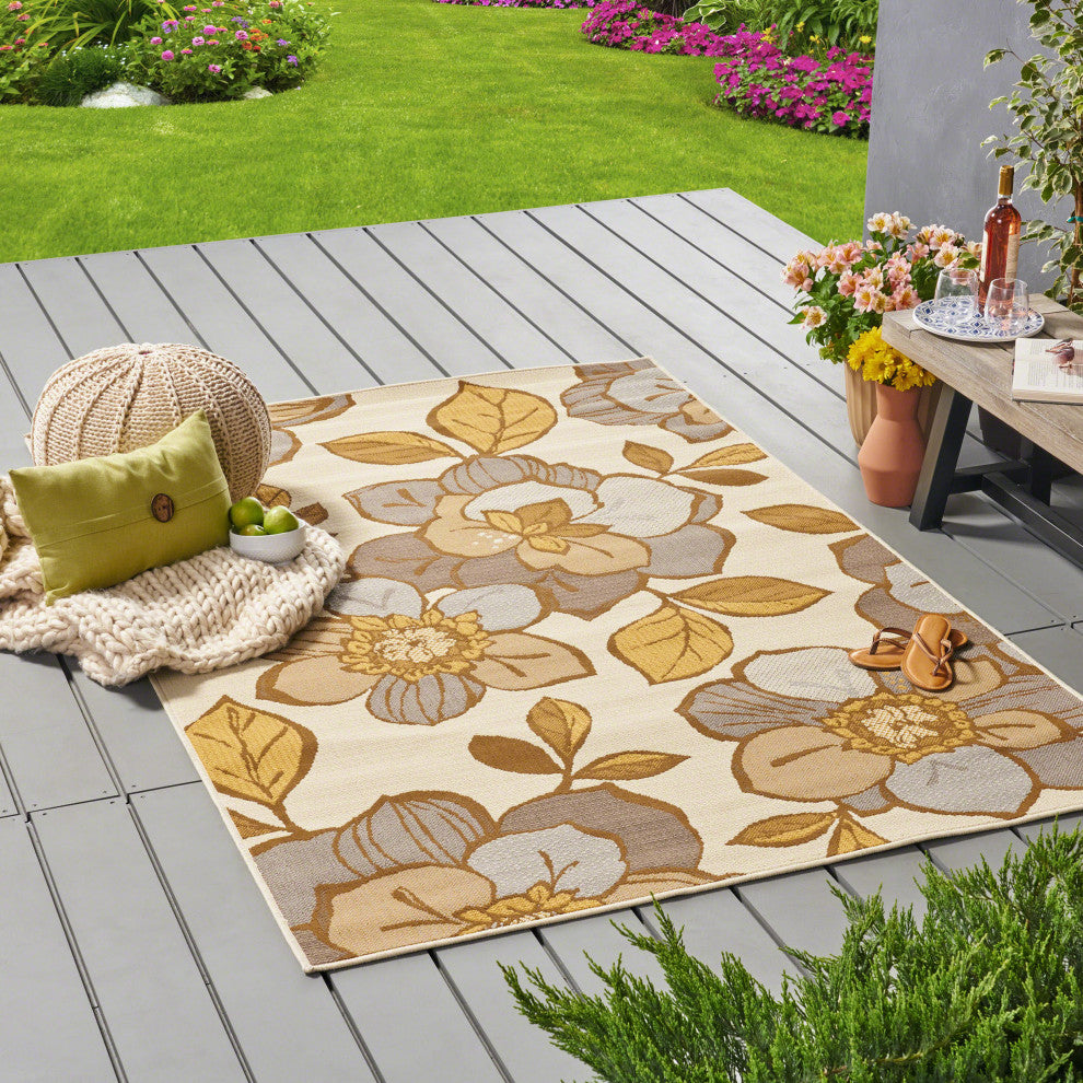 GDF Studio Damaris Outdoor Floral 5'x8' Area Rug, Ivory and Multicolored