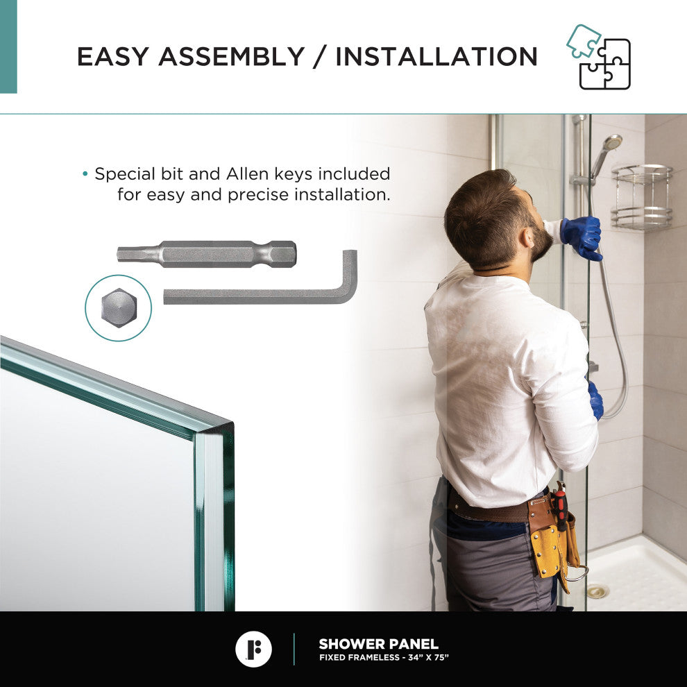 Single Fixed Glass Shower Panel - Clear Tempered Frameless Shower Glass Door, Polished Chrome, 34"