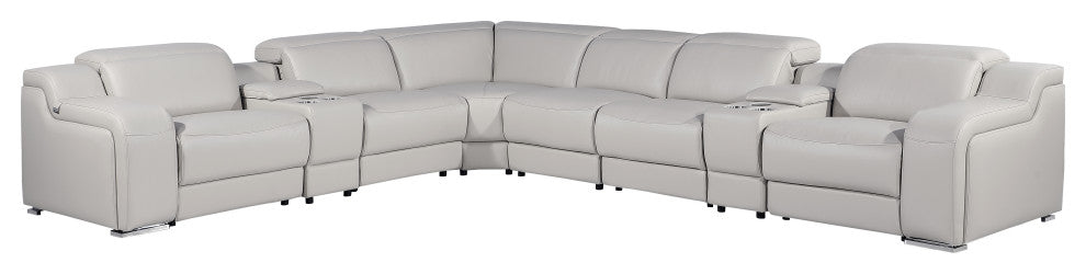 Marco-8-Piece, 4-Power Reclining Italian Leather Sectional, Light Gray