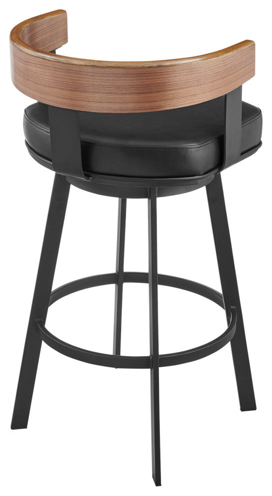 Idris Swivel Stool, Black/Walnut Finish & Black Faux Leather, Bar, 30"
