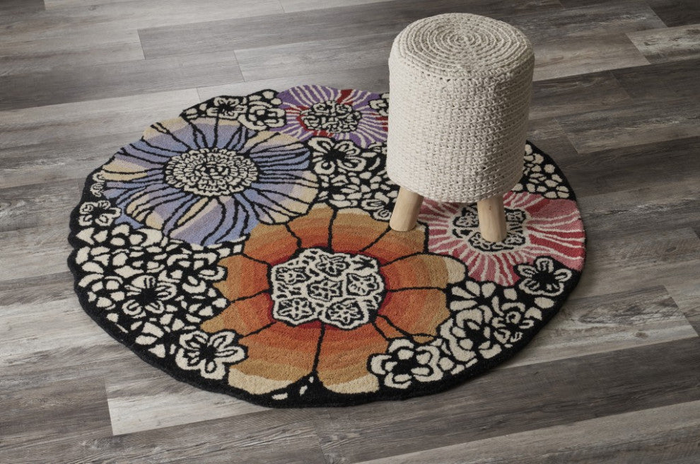 4" Round Red and Black Floral Area Rug