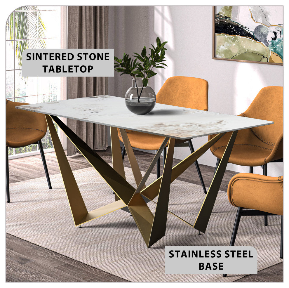 LeisureMod Nuvor Dining Table With Rectangular Top and Gold Steel Base, White Gray, 55 Inch