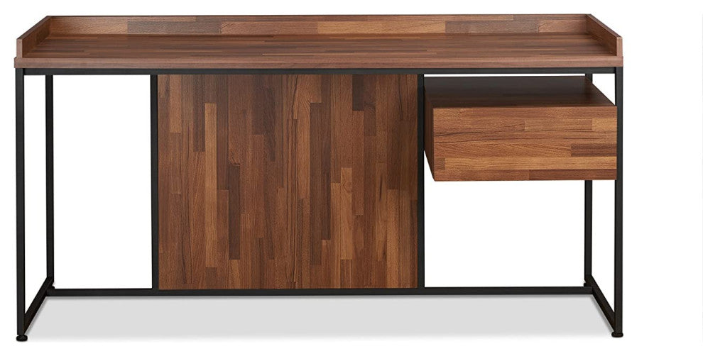 Spacious Desk, Sled Metal Base and Rectangular Top With Raised Edges, Walnut