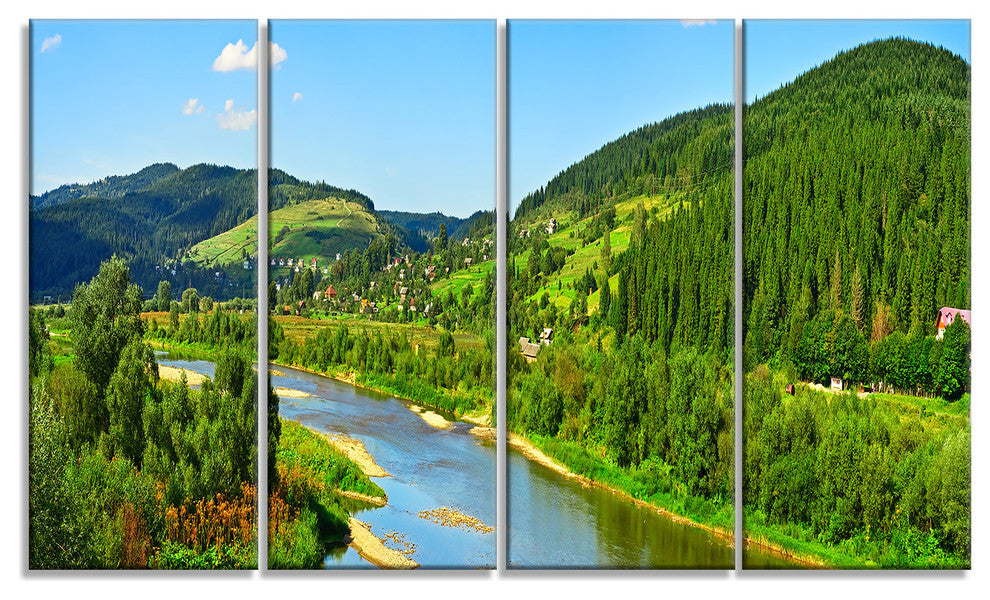 Green Mountains and River, Landscape Canvas Art Print, 48"x28", 4 Panels